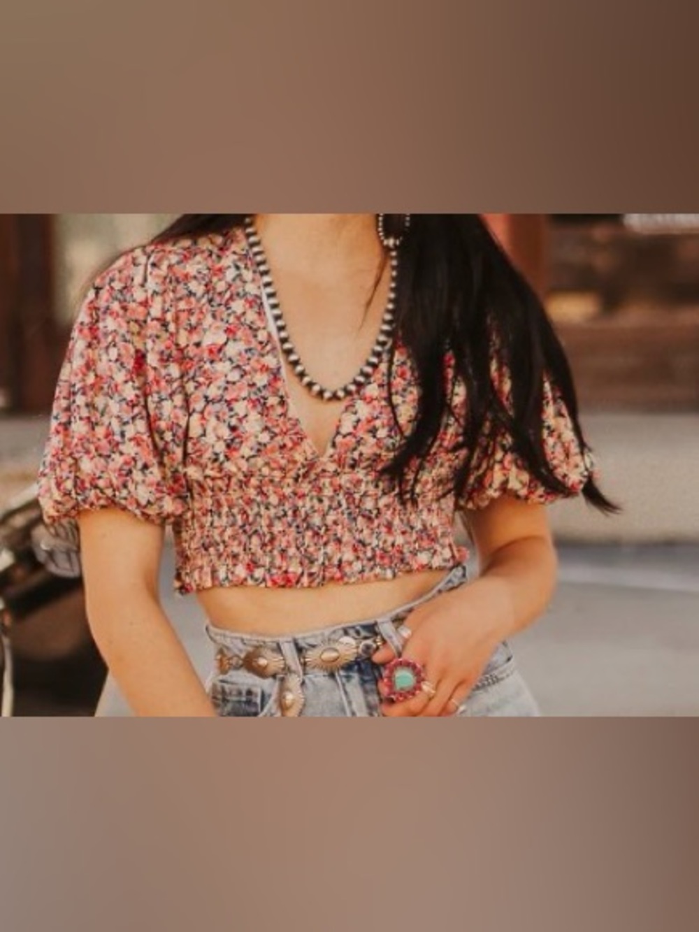 Smocked Floral V-Neck Crop Top - Pink Multi